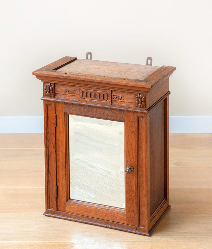 Antique Oak Wall Cabinet With Beveled Mirror – 19th Century