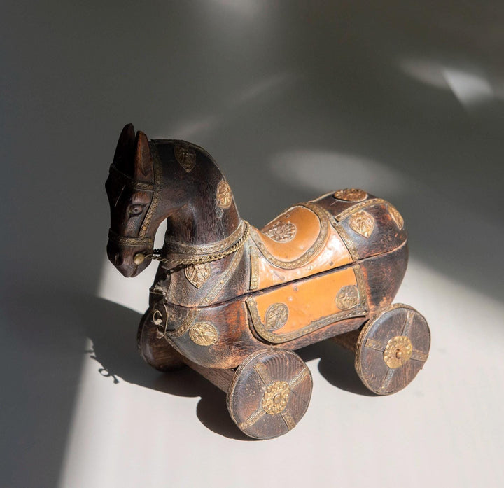 Antique Indian Wooden Horse on Wheels – Brass & Copper
