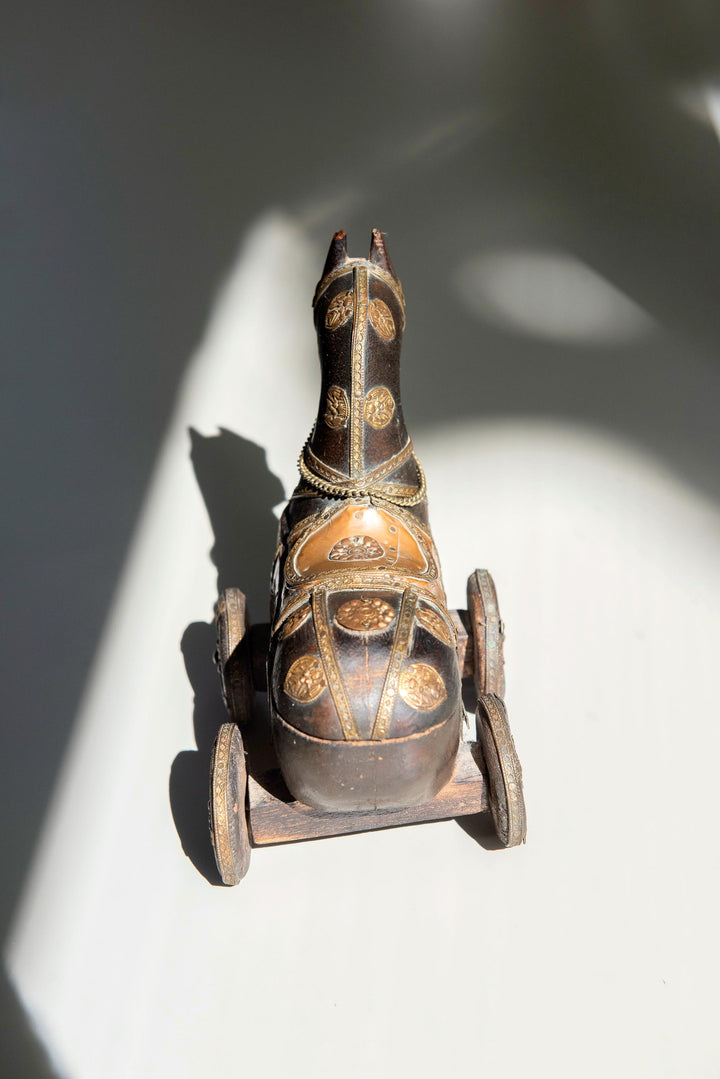 Antique Indian Wooden Horse on Wheels – Brass & Copper