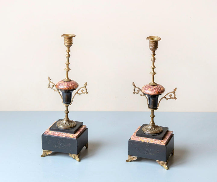 Pair of Antique French Marble and Brass Candlesticks