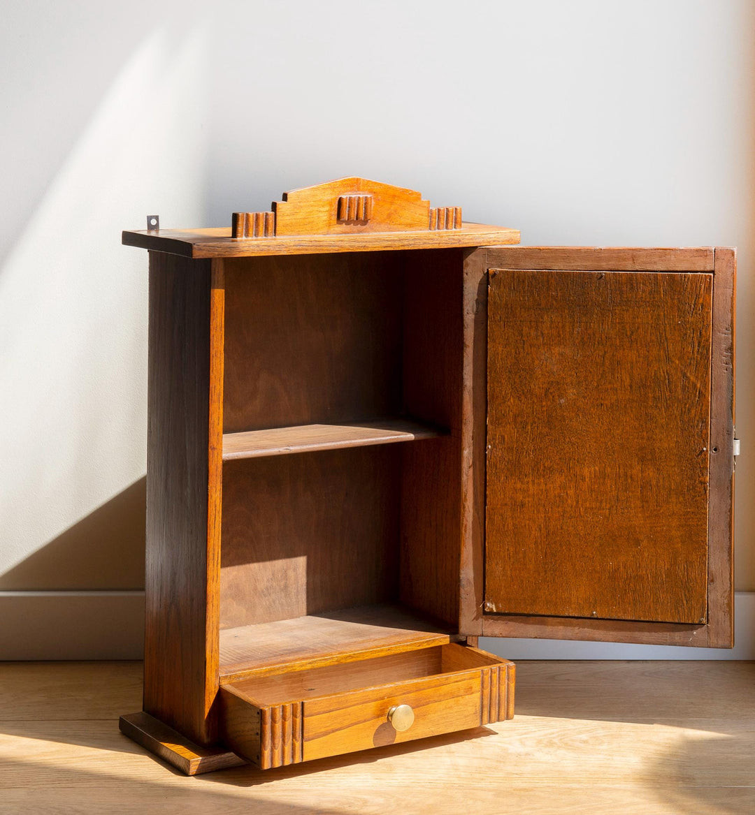 Antique Dutch Art Deco Oak Medicine Cabinet