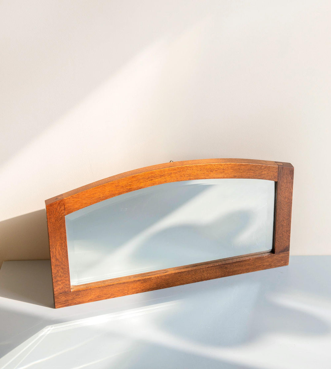 Art Deco Curved Wall Mirror with Beveled Glass – Oak Wood