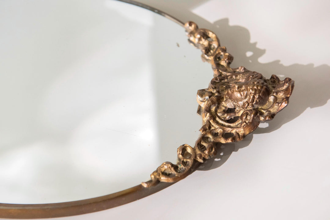 Vintage Brass Oval Wall Mirror With Crest