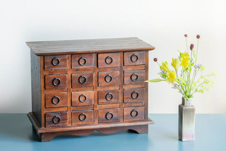 Antique Wooden Pharmacy Chest With 16 Small Drawers