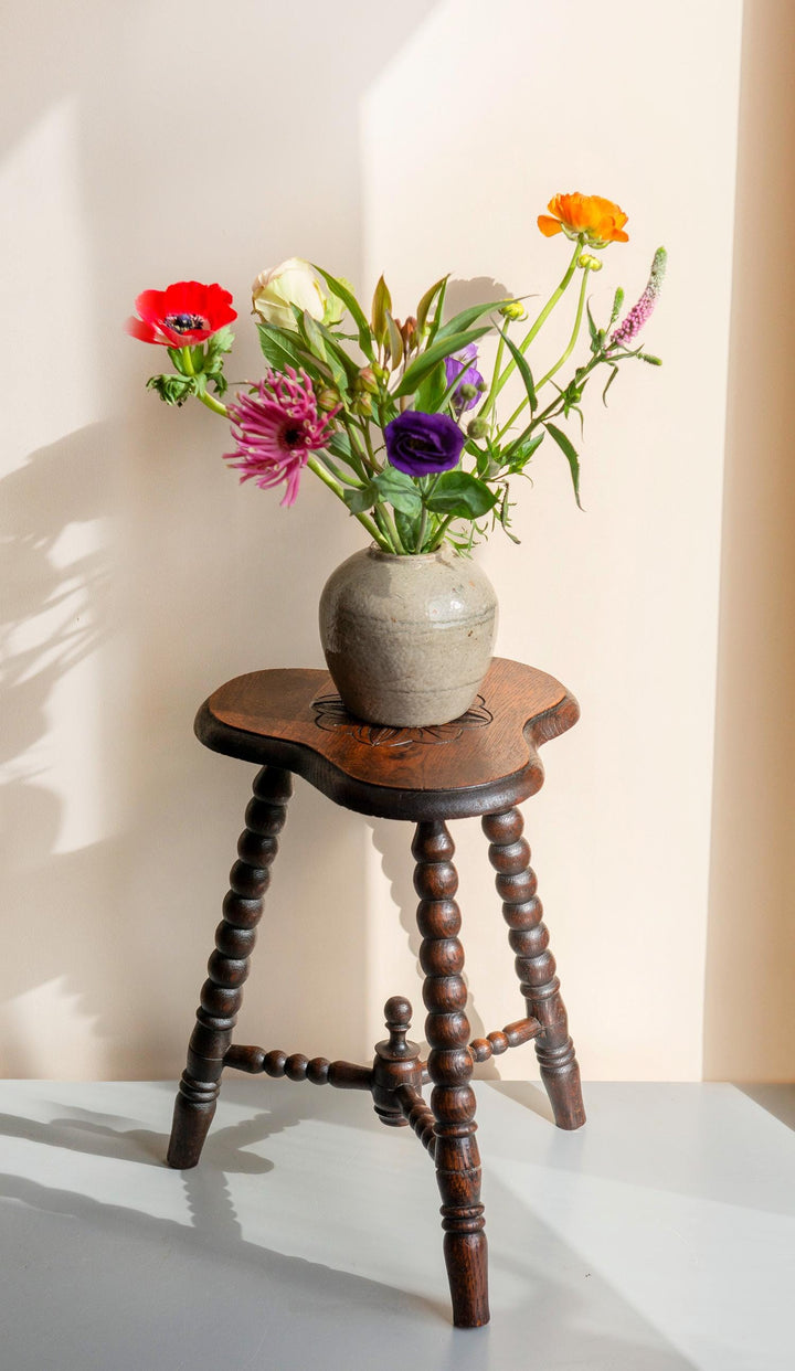 Antique Oak Bobbin Stool - Clover Seat