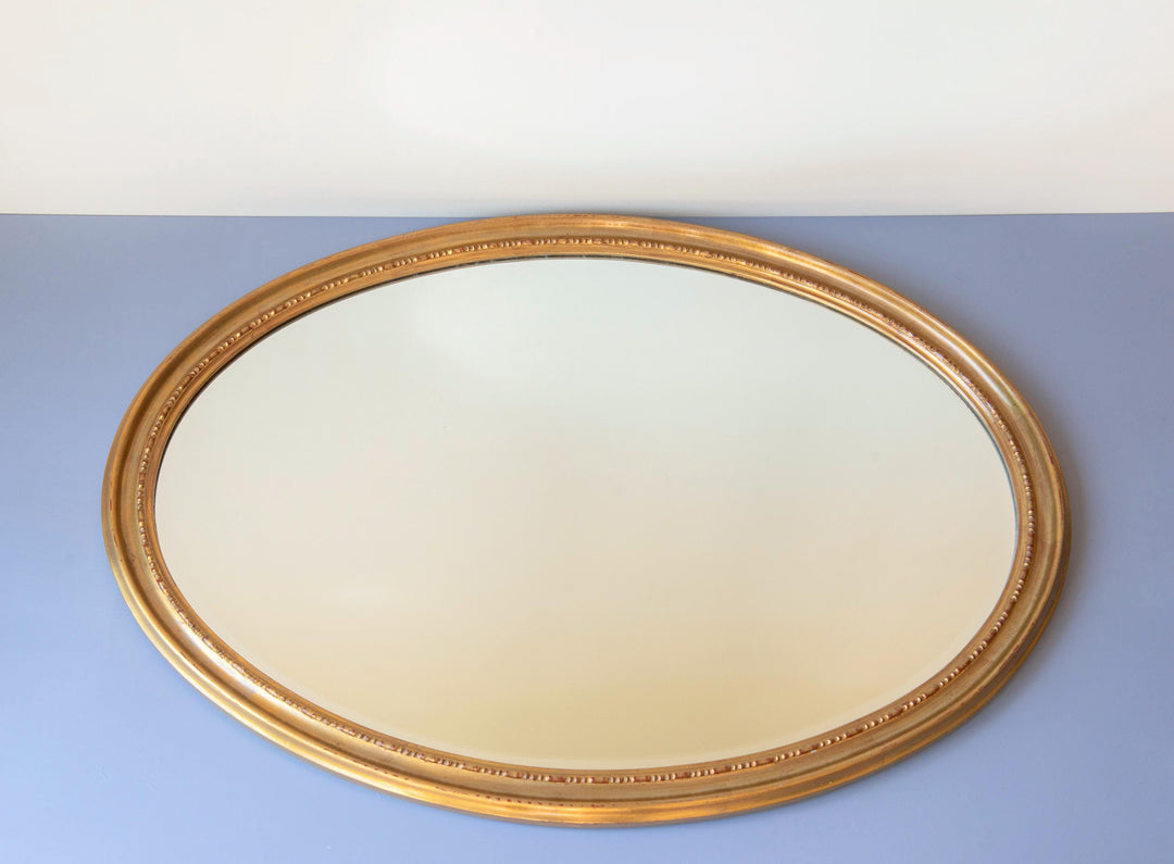 Large Vintage Belgian Gilt Oval Mirror - Beveled Glass, 1960s