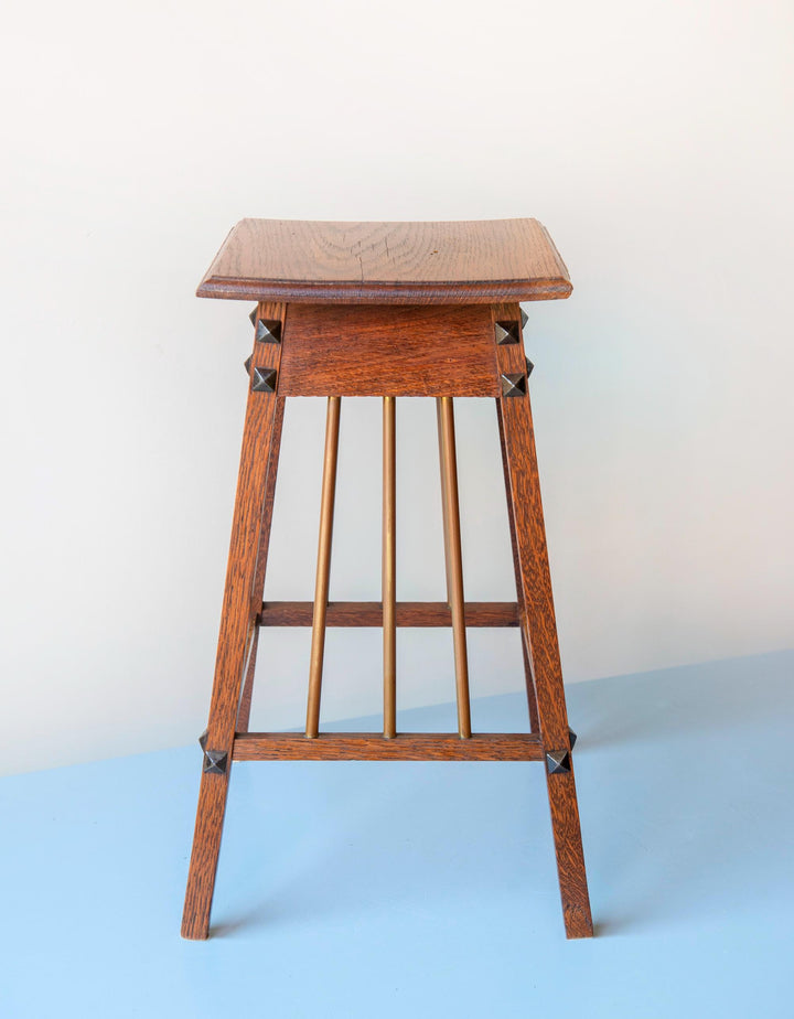 Dutch Art Deco Oak Side Table With Brass Spindles