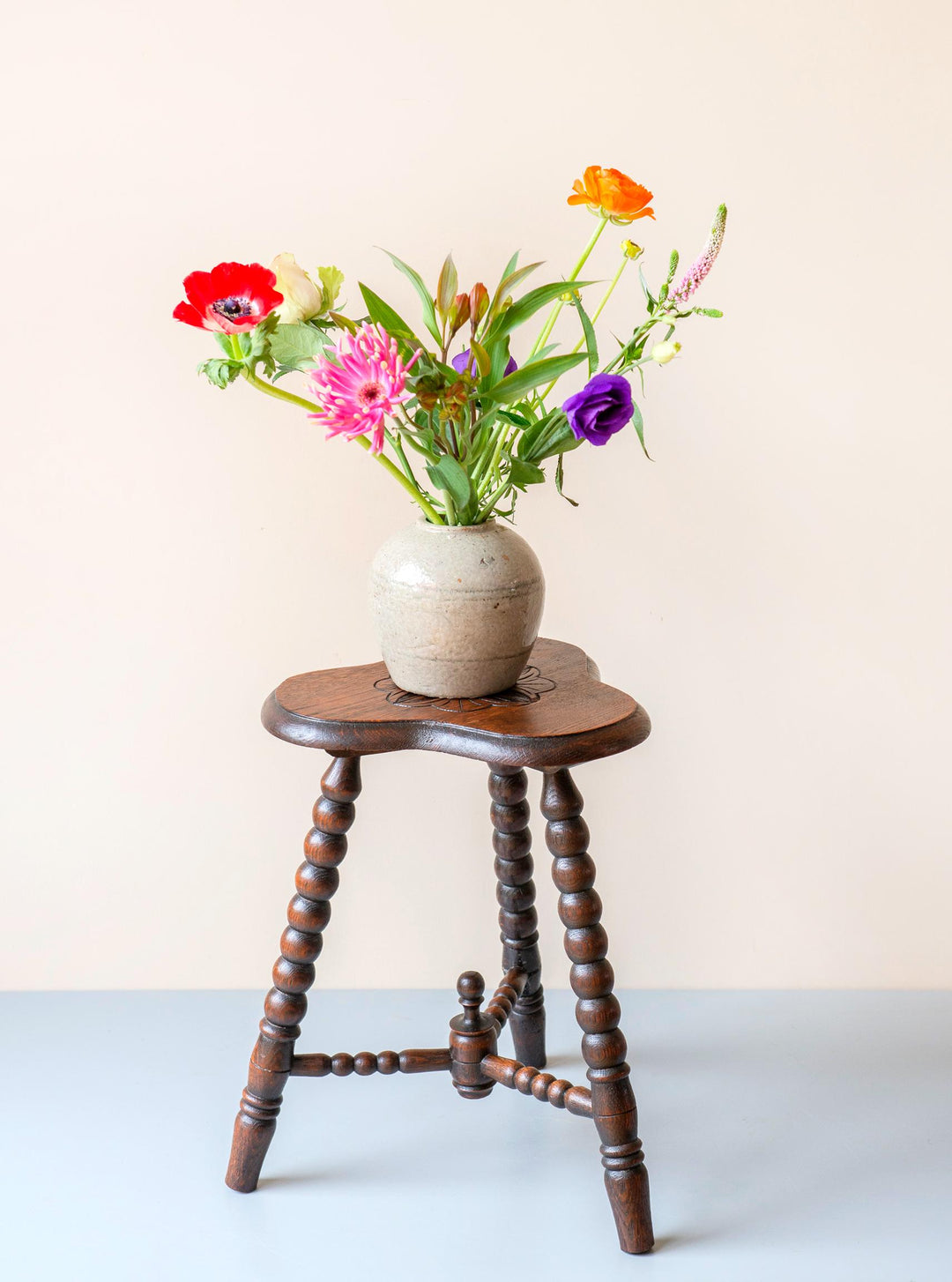 Antique Oak Bobbin Stool - Clover Seat