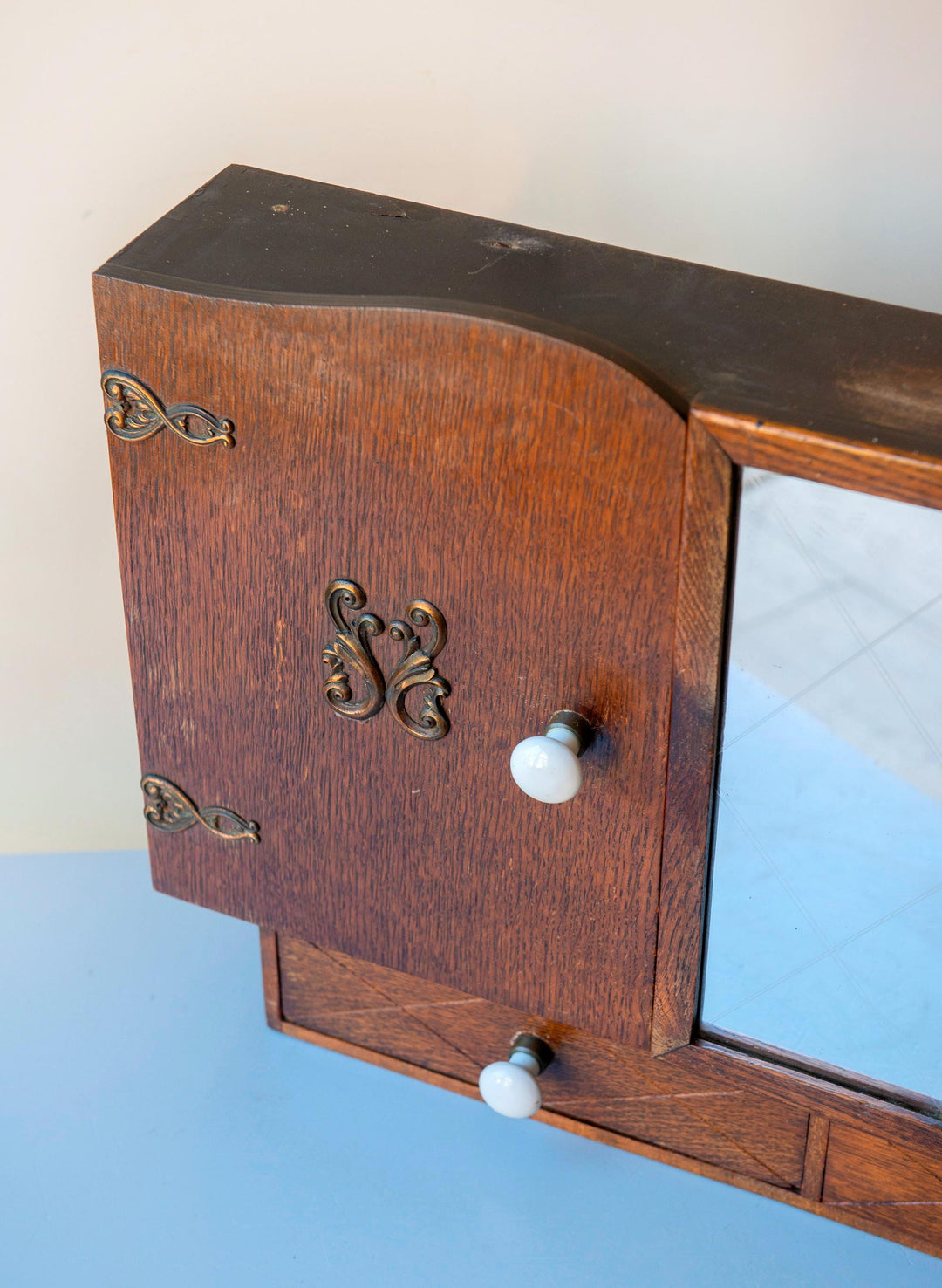 Vintage Oak Bathroom Cabinet with Mirror, 1930s
