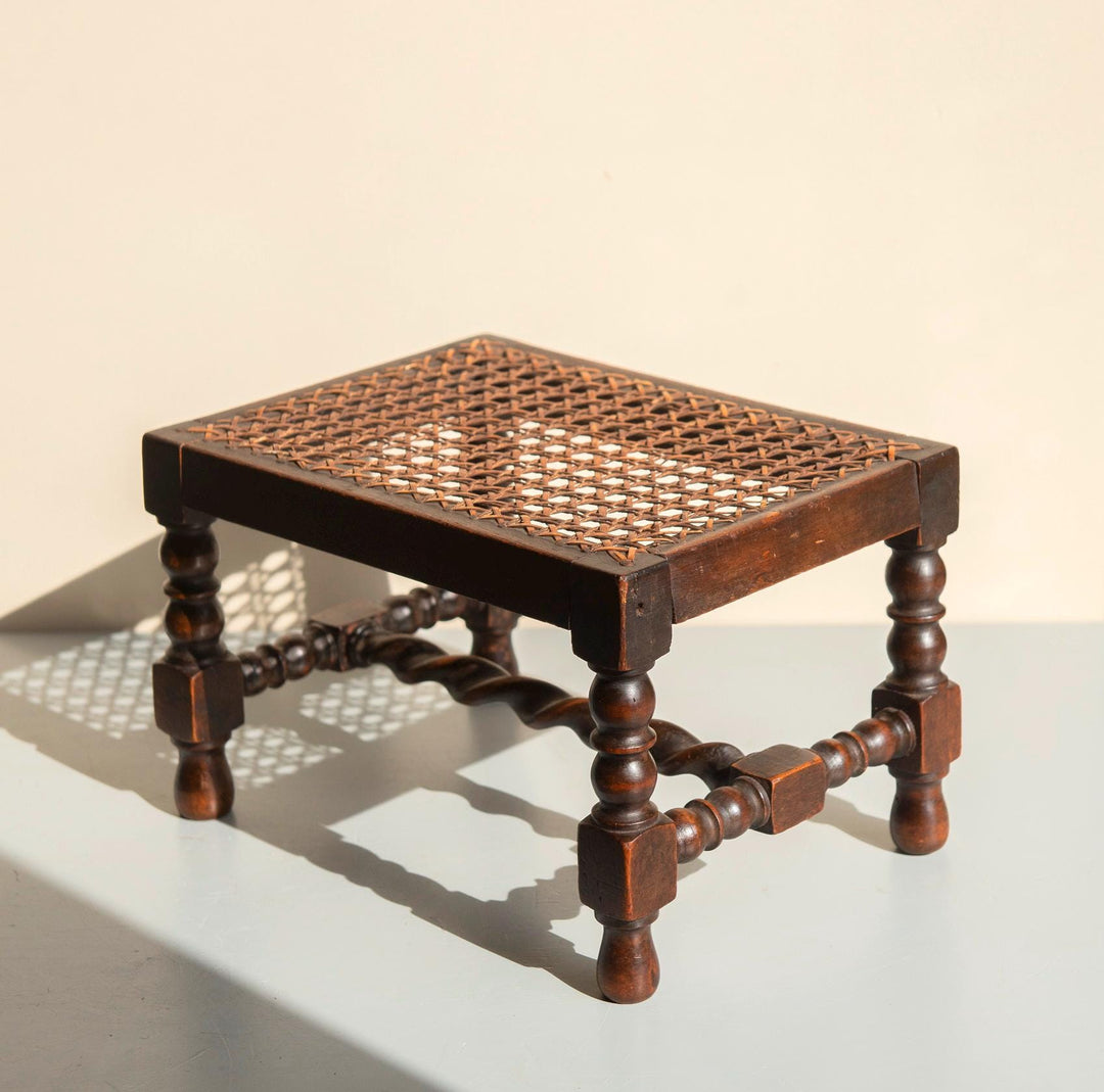 Antique Oak Barley Twist Stool - Bobbin Footstool With Cane Seat