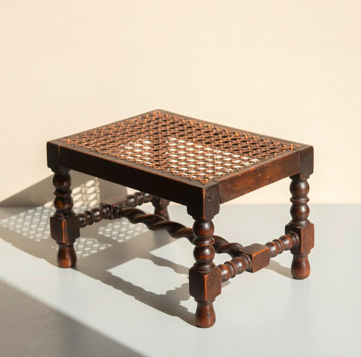 Antique Oak Barley Twist Stool - Bobbin Footstool With Cane Seat