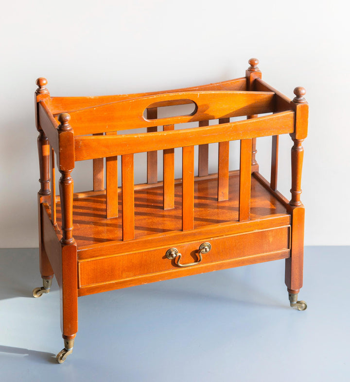 Vintage Wooden Magazine Rack Trolley with Drawer and Wheels