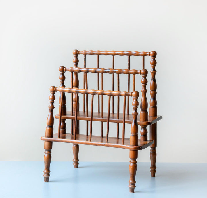 Carved Magazine Rack – Vintage Turned Wood Newspaper Stand