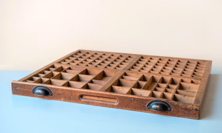 Antique Wooden Printers Type Case with Metal Handles