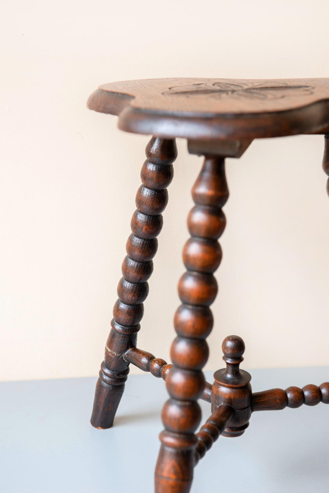 Antique Oak Bobbin Stool - Clover Seat