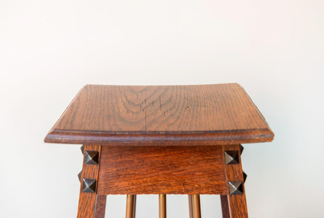 Dutch Art Deco Oak Side Table With Brass Spindles