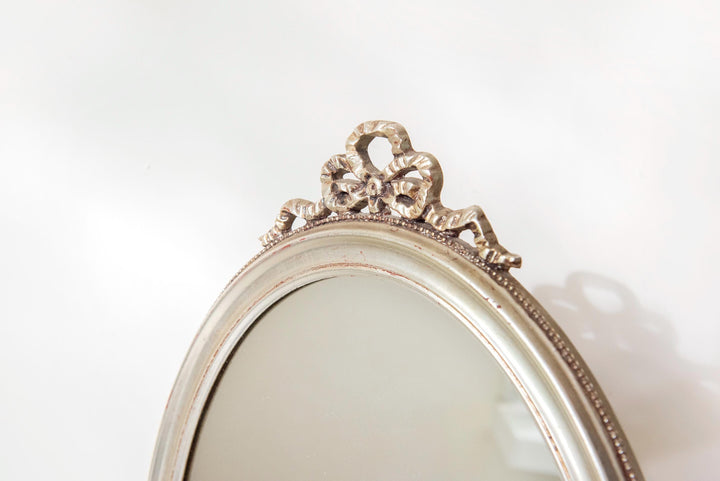 Vintage Belgian Silver Oval Wall Mirror - 1960s Bow Crest