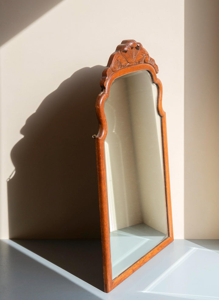 Antique Oak Scalloped Mirror- Carved Crest, 1900s