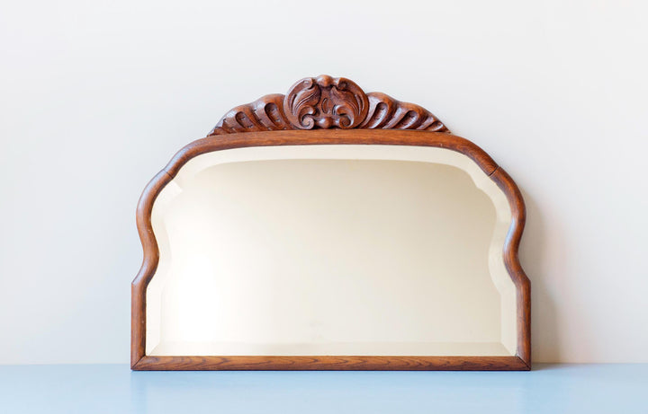 Large Antique Wooden Mantel Mirror – Scalloped Frame With Carved Crest