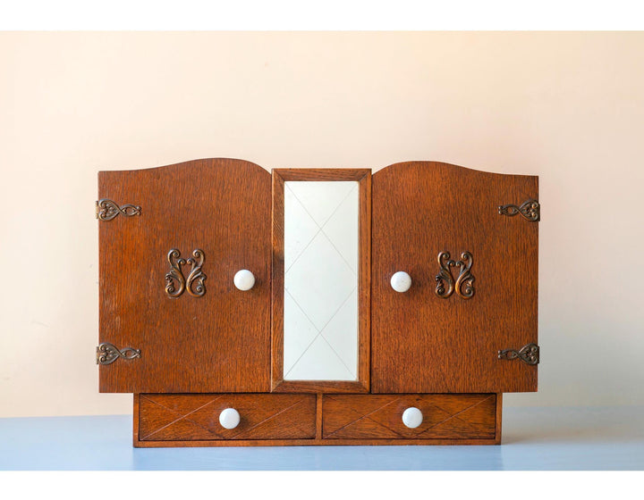 Vintage Oak Bathroom Cabinet with Mirror, 1930s