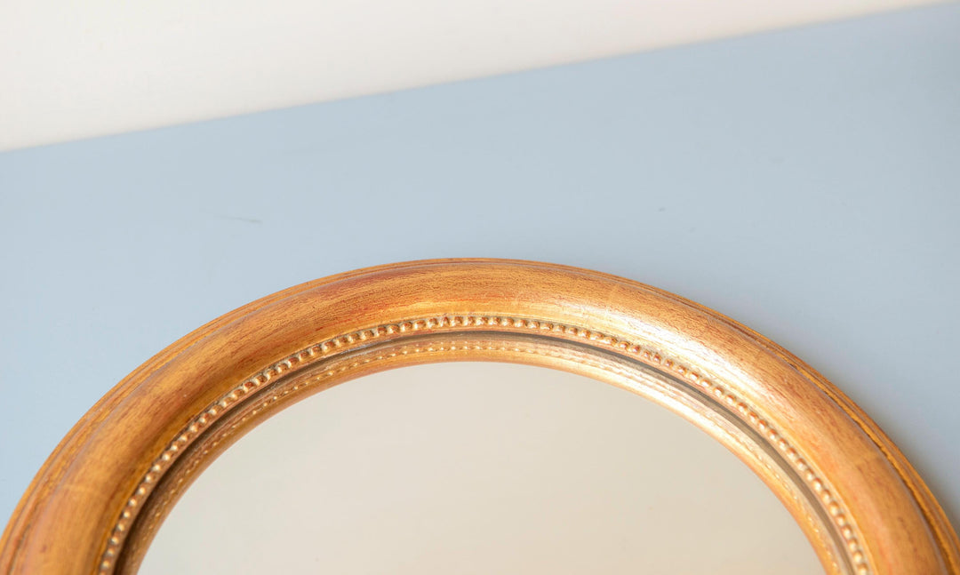Vintage Convex Bullseye Mirror - Gilt Wood Frame with Beaded Inner Rim