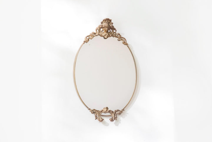 Vintage Brass Oval Wall Mirror With Crest