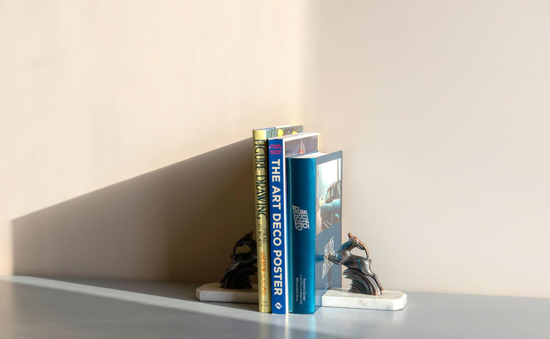 French Art Deco Gazelle Bookends on Marble Bases