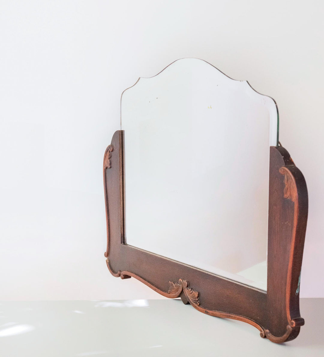 Antique Dutch Art Deco Oak Wall Mirror with Beveled Glass