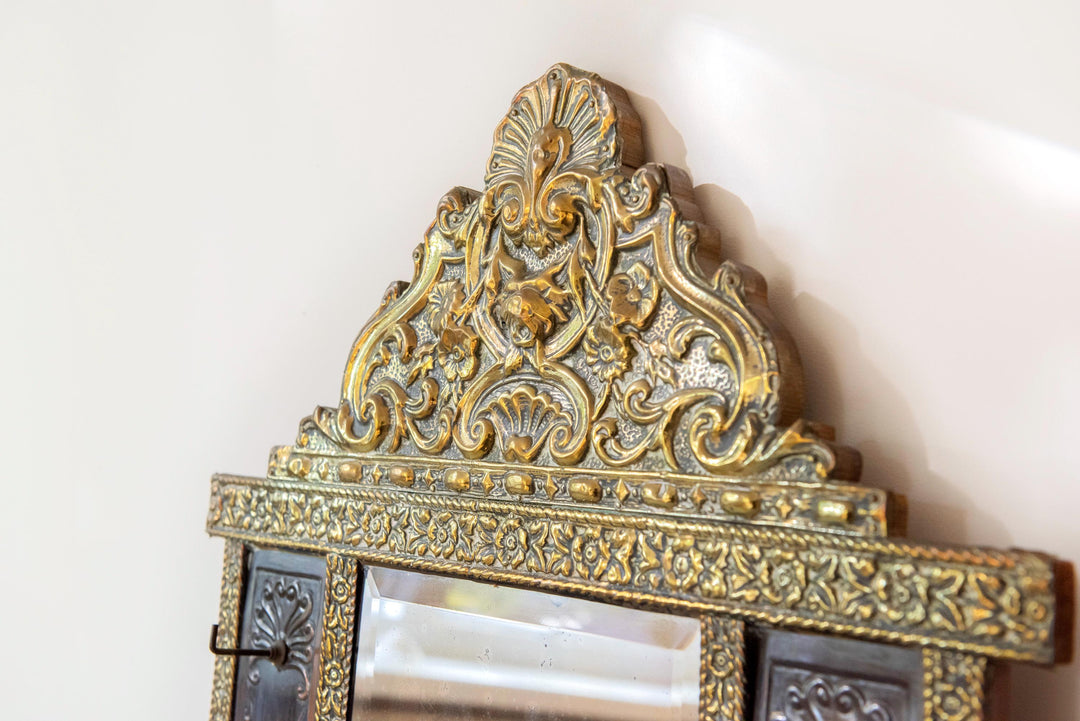 Antique Dutch Brass Wall Mirror with Hooks - 1900s
