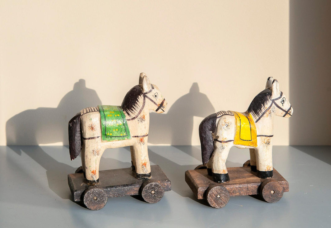 Pair of Vintage Indian Wooden Folk Art Horses