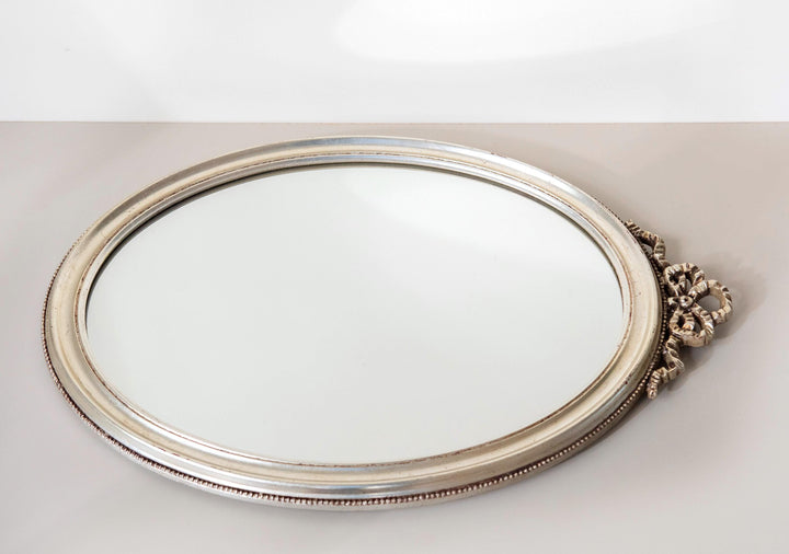 Vintage Belgian Silver Oval Wall Mirror - 1960s Bow Crest