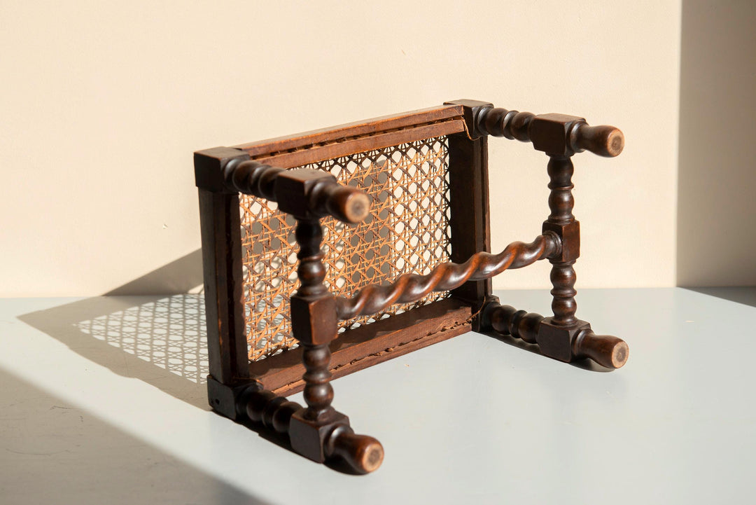 Antique Oak Barley Twist Stool - Bobbin Footstool With Cane Seat