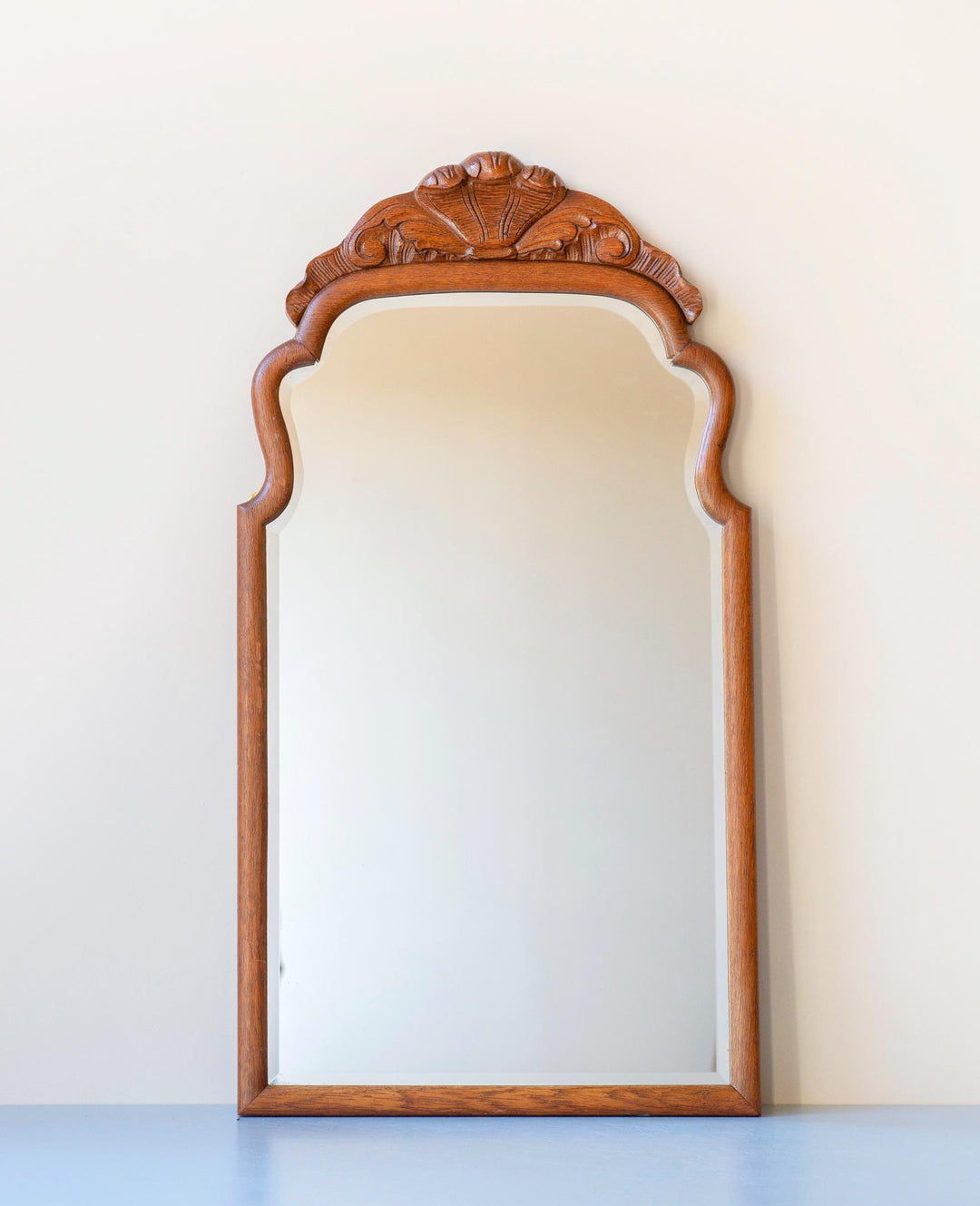 Antique Oak Scalloped Mirror- Carved Crest, 1900s