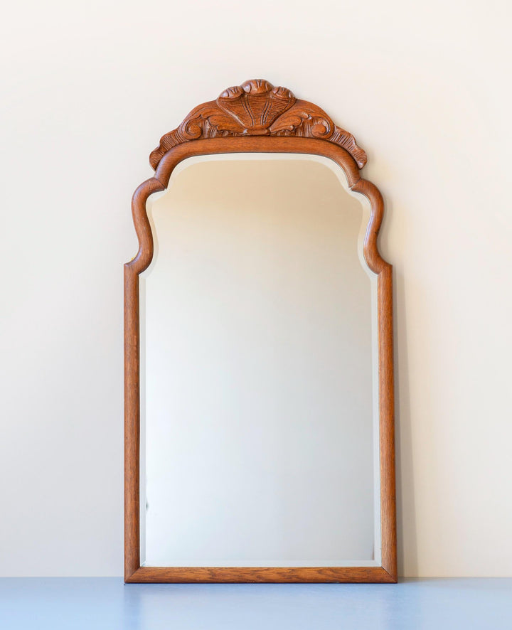 Antique Oak Scalloped Mirror- Carved Crest, 1900s
