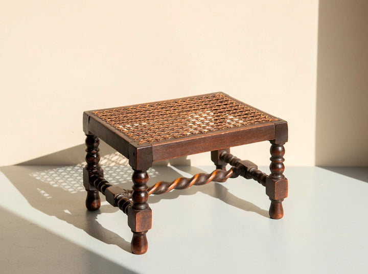Antique Oak Barley Twist Stool - Bobbin Footstool With Cane Seat