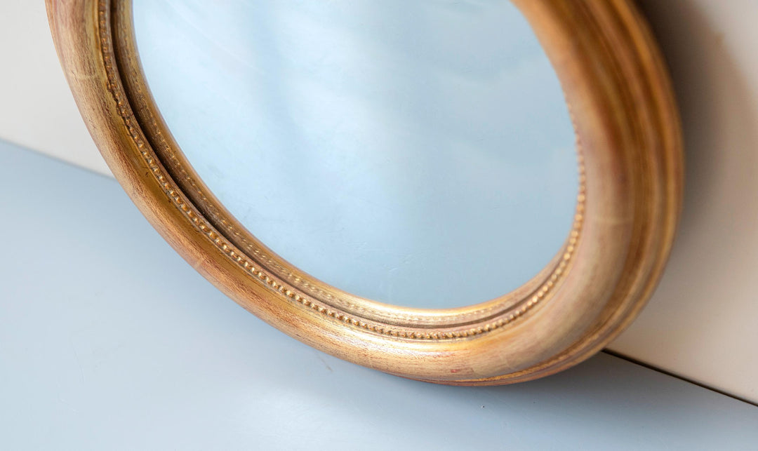 Vintage Convex Bullseye Mirror - Gilt Wood Frame with Beaded Inner Rim