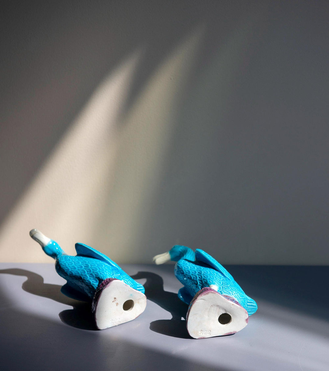 Set Of 2 Porcelain Blue Duck Statues - Chinese Pottery