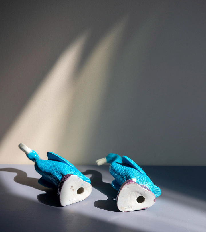 Set Of 2 Porcelain Blue Duck Statues - Chinese Pottery
