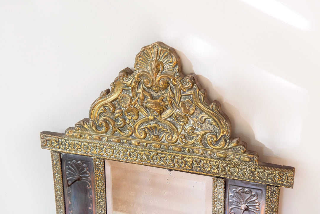 Antique Dutch Brass Wall Mirror with Hooks - 1900s