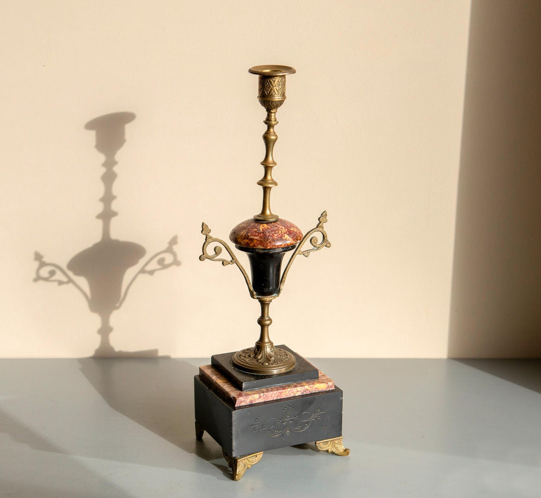 Pair of Antique French Marble and Brass Candlesticks
