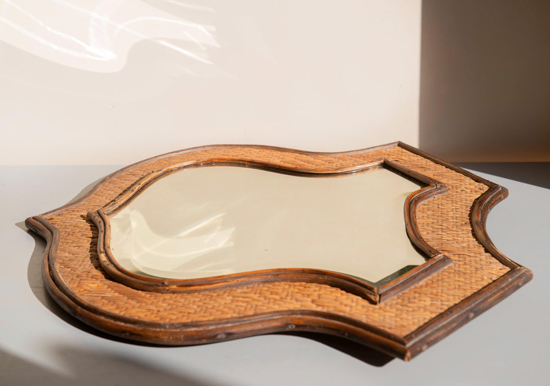 Vintage Shield Mirror - Large Rattan Wicker Frame