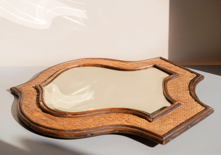 Vintage Shield Mirror - Large Rattan Wicker Frame