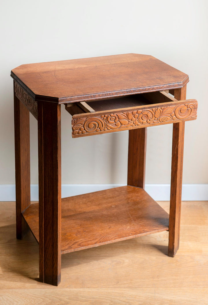Art Deco Oak Side Table with Drawer
