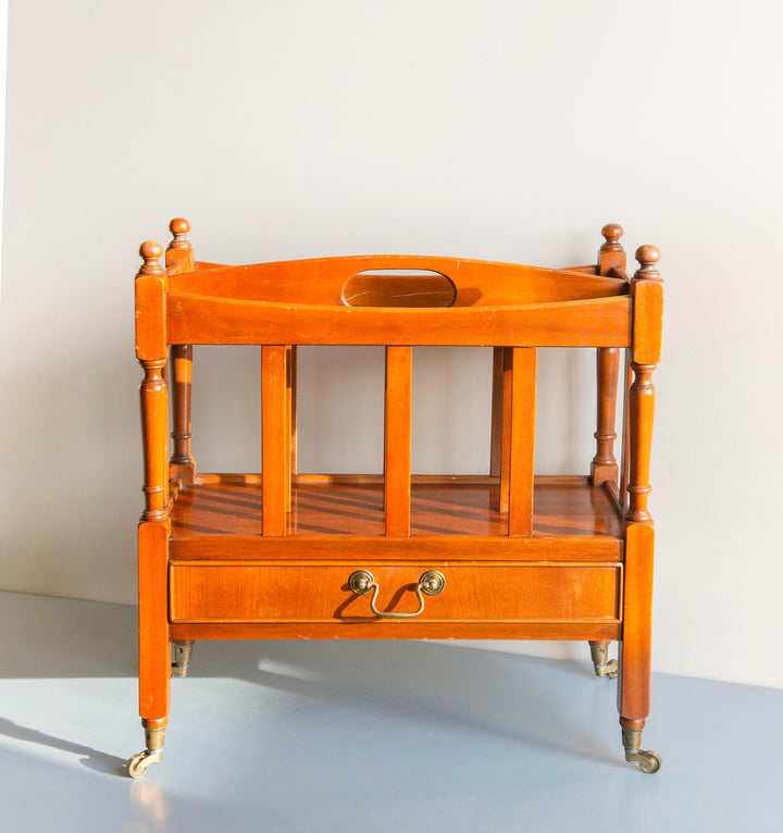 Vintage Wooden Magazine Rack Trolley with Drawer and Wheels