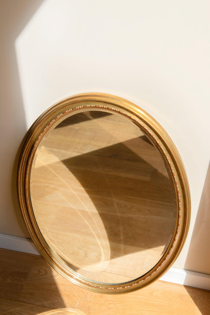 Large Vintage Belgian Gilt Oval Mirror - Beveled Glass, 1960s