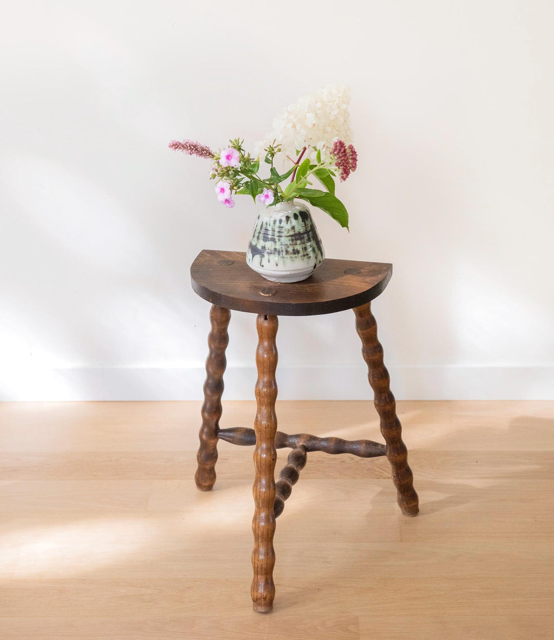 Vintage Wooden Milking Stool with Turned Bobbin Legs