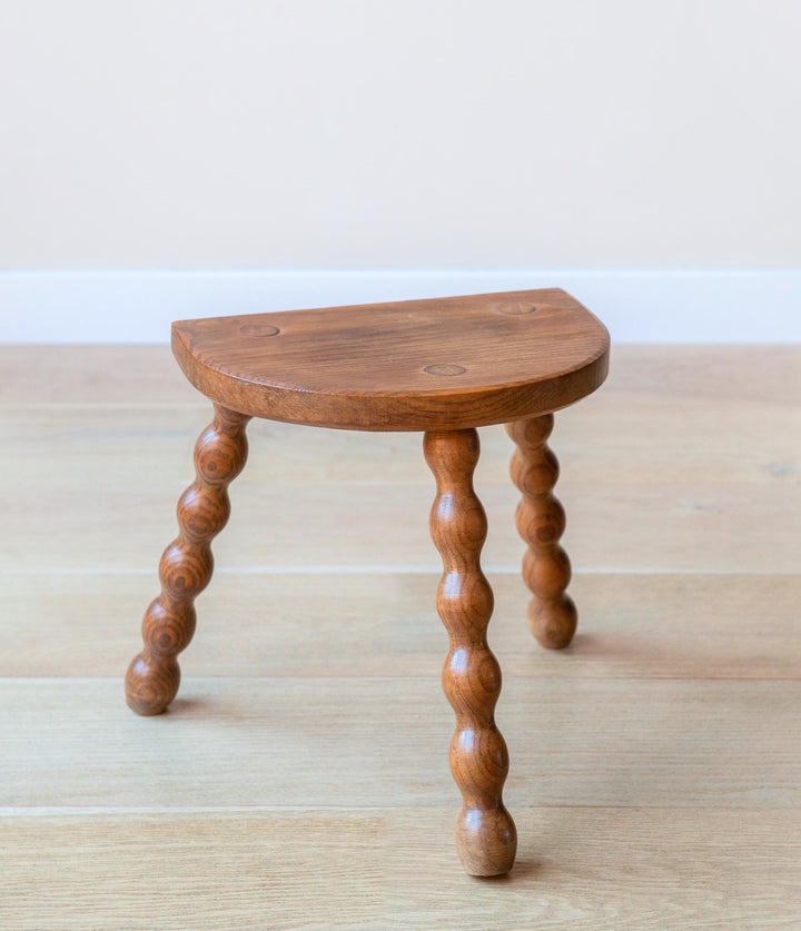 Vintage French Oak Bobbin Stool – Half Round Top