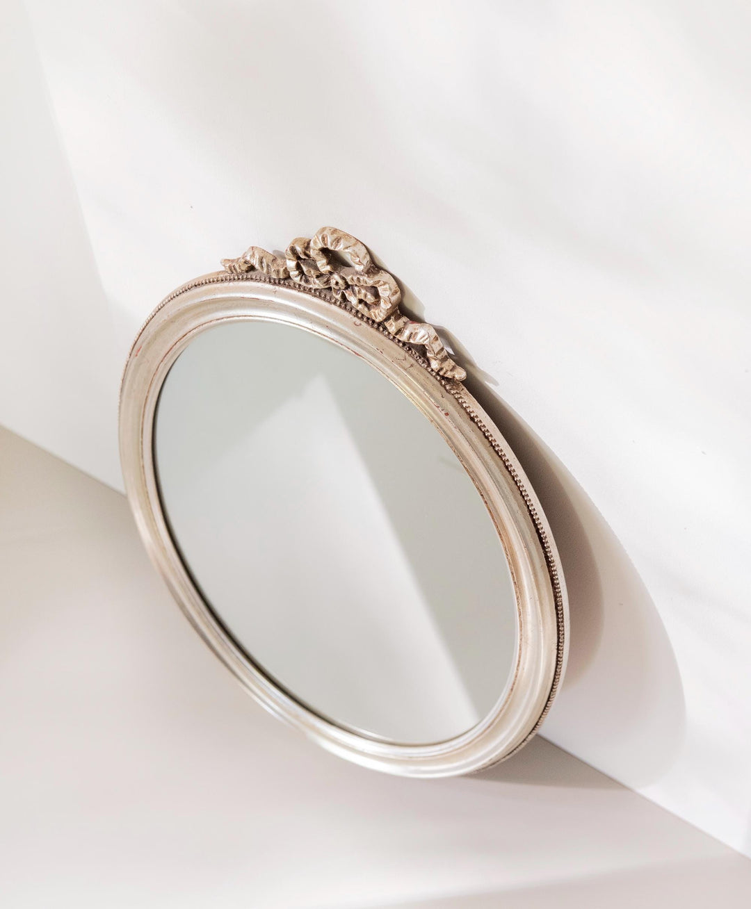Vintage Belgian Silver Oval Wall Mirror - 1960s Bow Crest