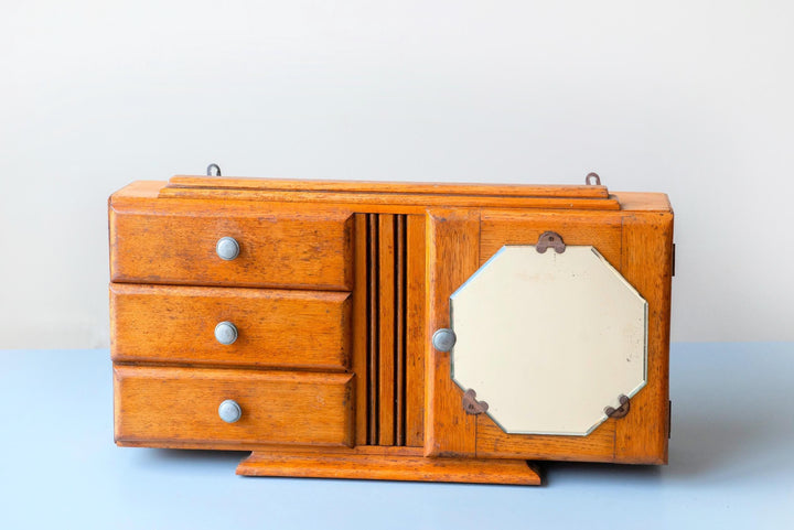 Antique Art Deco Oak Medicine Cabinet with Octagonal Mirror