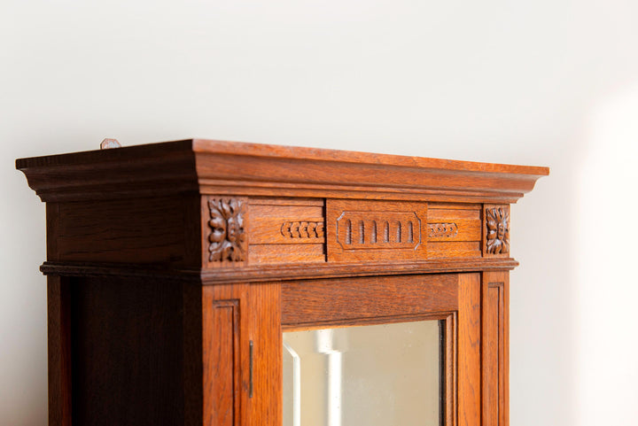 Antique Oak Wall Cabinet With Beveled Mirror – 19th Century